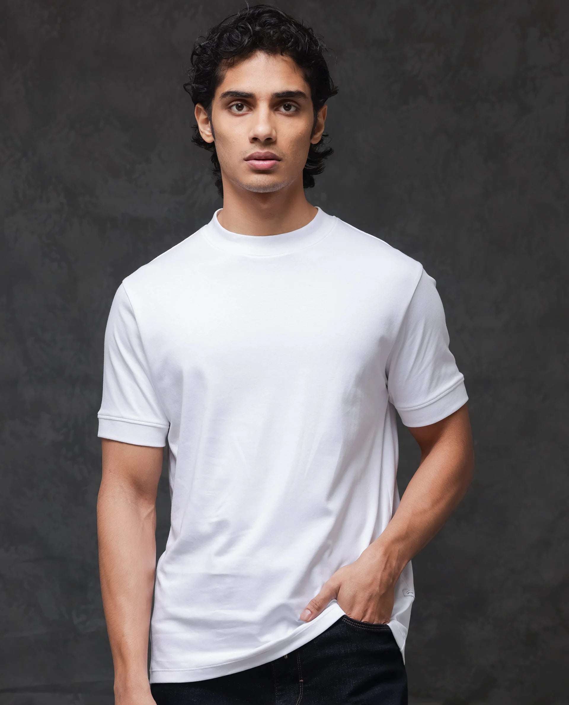 White Cotton Fabric Half Sleeves Solid T-Shirt